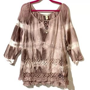 Indigo Thread Co Women’s Tie Dye Layered Top Embroidered Roll Tab Tunic Size XL